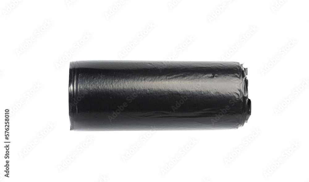 Garbage Bag Roll Isolated. Trash Package, New Rolled Plastic Bin Bags, Black Polyethylene Waste Container Garbage Bag Roll Isolated. Trash Package, New Rolled Plastic Bin Bags, Black Polyethylene Waste Container