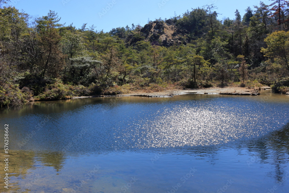 山の中にある小さな池に風が吹いて、さざ波が太陽光を乱反射する様子