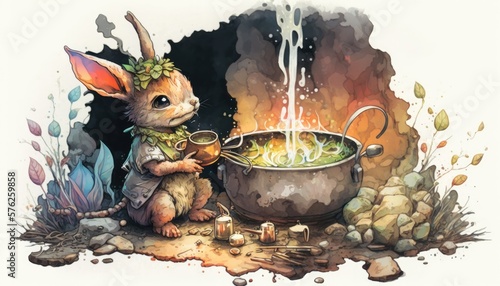 Cute little rabbit troll preparing a meal for her forest friends, magical fairytale illustration by Ilon Wikland, neon watercolor with black outlines photo