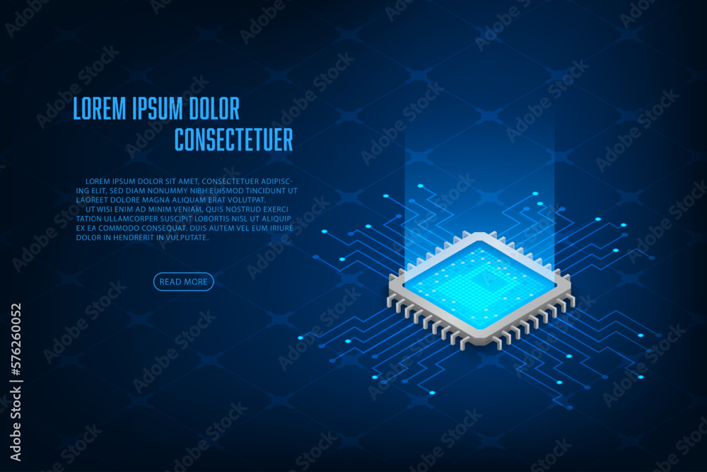 Vector isometric cpu microchip digital and technology concept. - obrazy, fototapety, plakaty 