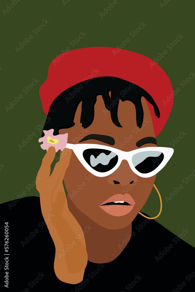 Black woman silhouette in sunglasses an red hat