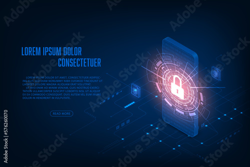 Vector isometric data security system with mobile phone concept.