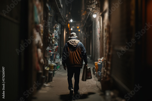 a drunk man walks through a dark night alley. Generative AI