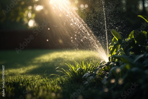 watering the lawn grass in the park water splashes against the backdrop of the sun Generative AI