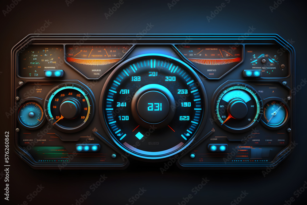 Modern luxury sport car speed control dashboard with blue light. Neural