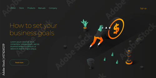 Business weight potential in isometric vector design concept. Powerful businesswoman striving and achieving corporate goal. Motivation web banner layout