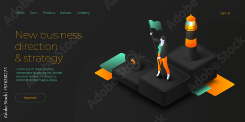 Business vision and mission vector illustration in isometric design. Strategy and corporate goal concept with lighthouse and superhero female. Web banner layout