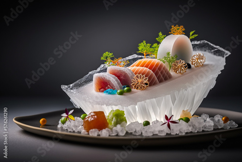 thinly sliced sashimi served on a bed of ice fresh Generative AI