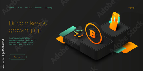 Cryptocoin mining farm layout. Cryptocurrency and blockchain network business isometric vector illustration. Crypto currency exchange or transaction process background