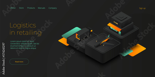 Online retail store transportation in isometric vector design. Shop delivery service and truck logistics concept. Market supply chain and shipment. Web banner layout template