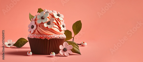 Spring Holiday cupcakes with flowers and sprinkles on a pink background. Generative AI. A place for your text.