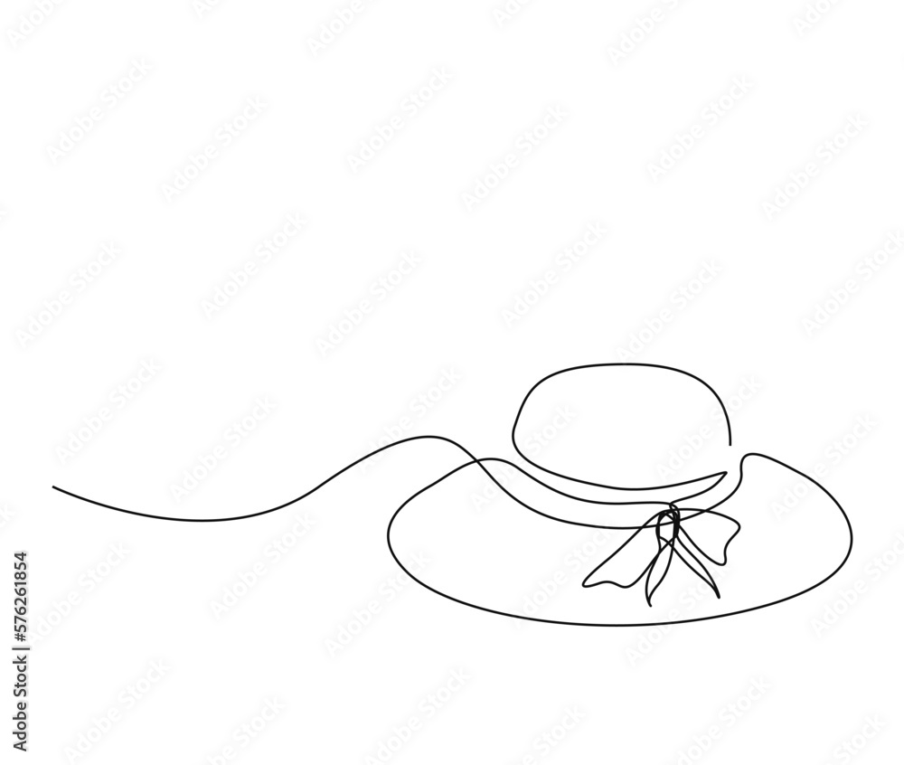 Continuous one line drawing of elegant women sun hat. Simple female summer hat line art vector illustration. Continuous one line drawing of elegant women sun hat. Simple female summer hat line art vector illustration.