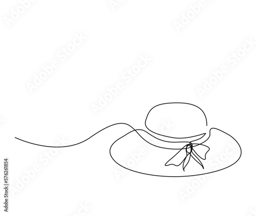 Continuous one line drawing of elegant women sun hat. Simple female summer hat line art vector illustration. 