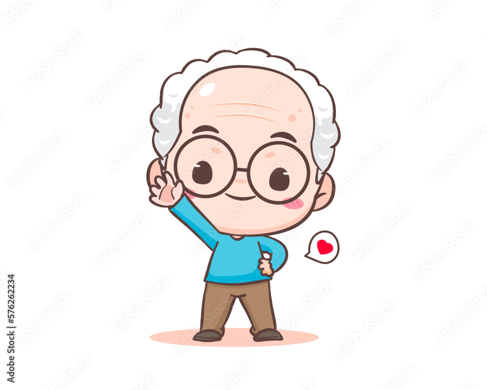 Cute grandfather or old man cartoon character. Grandpa greeting pose say hello. Kawaii chibi hand drawn style. Adorable mascot vector illustration. People Family Concept design Cute grandfather or old man cartoon character. Grandpa greeting pose say hello. Kawaii chibi hand drawn style. Adorable mascot vector illustration. People Family Concept design