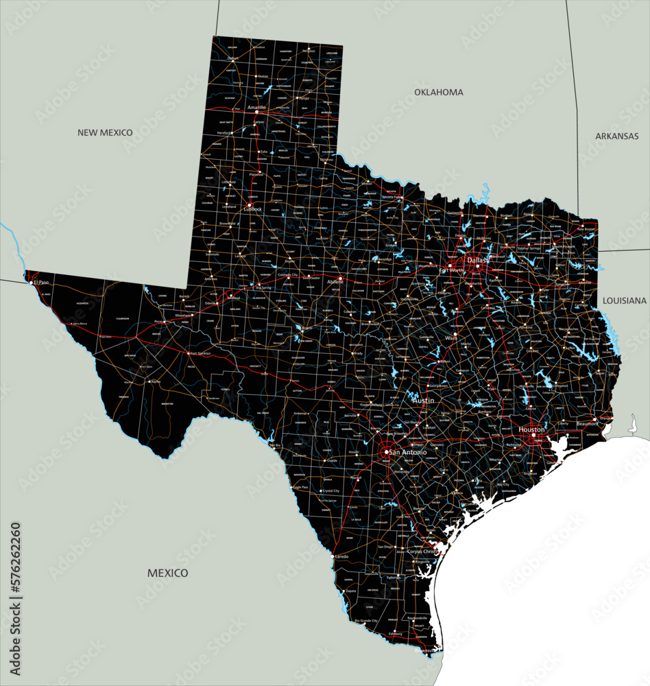 High detailed Texas road map with labeling. Stock Vector | Adobe Stock