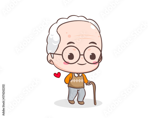 Cute grandfather or old man cartoon character. Grandpa holding cane. Kawaii chibi hand drawn style. Adorable mascot vector illustration. People Family Concept design