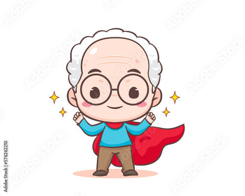 Cute grandfather or old man cartoon character. Super hero grandpa with red cloak and stars around. Kawaii chibi hand drawn style. Adorable mascot vector illustration. People Family Concept design