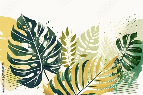 Tropical leaves and plants.Beautiful, minimalistic print for your decor for postcard, congratulations and poster. Generative AI