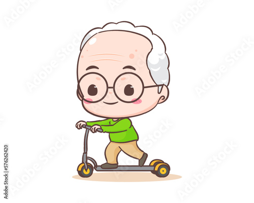 Cute grandfather or old man cartoon character. Grandpa ride scooter. Kawaii chibi hand drawn style. Adorable mascot vector illustration. People Family Concept design