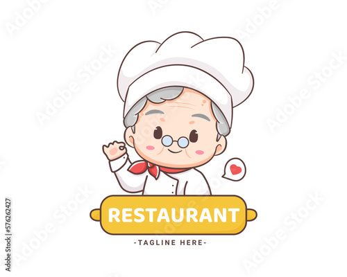 Cute grandmother chef cartoon. Grandma cooking logo vector art. People Food Icon Concept. restaurant and homemade culinary logo