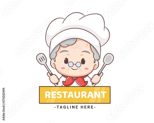 Cute grandmother chef cartoon. Grandma cooking logo vector art. People Food Icon Concept. restaurant and homemade culinary logo