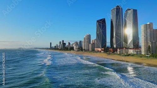 Aerial drone video of Surfers Paradise, Queensland Australia with the ocean and the City view