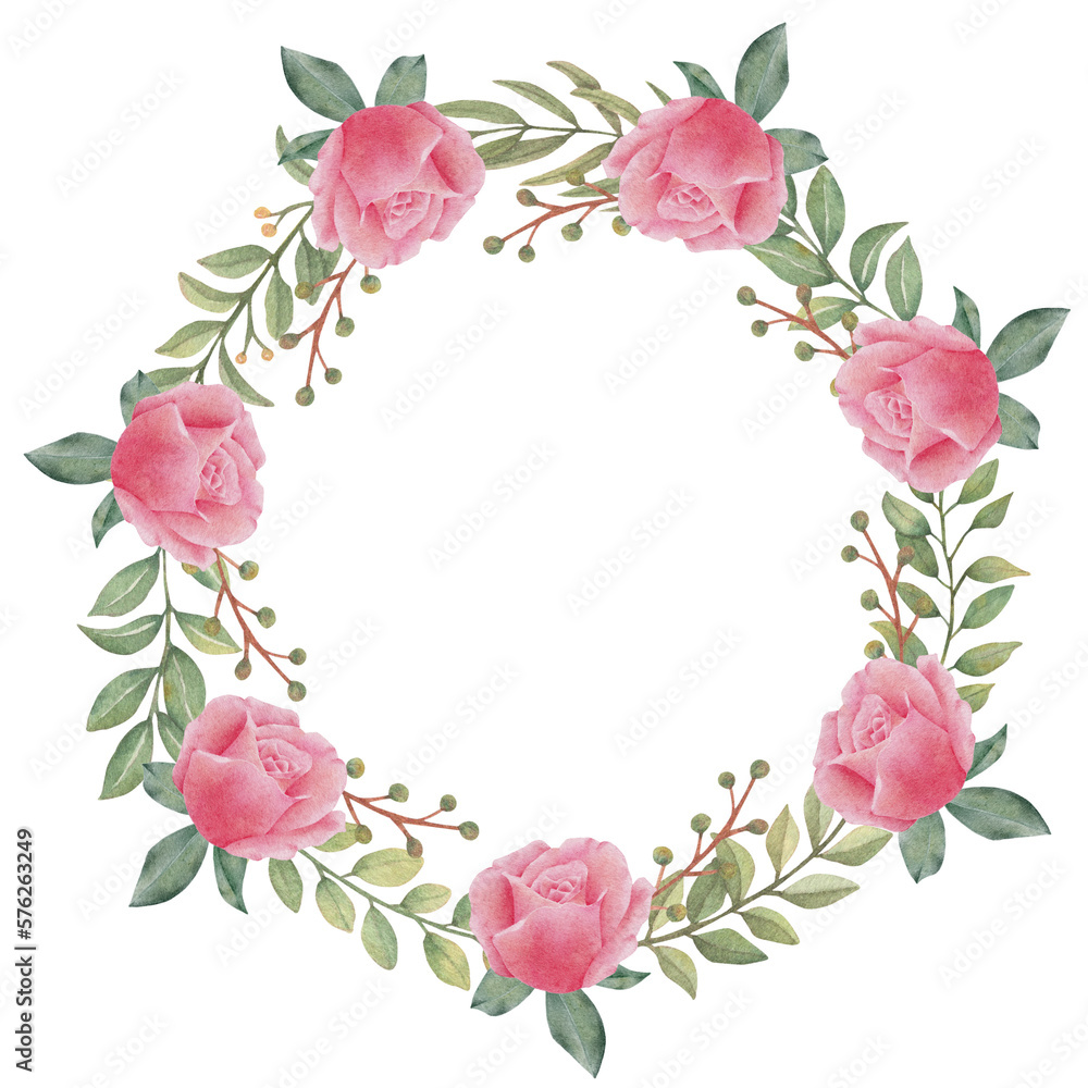 Watercolor Wreath Rose and Greenery Leaf