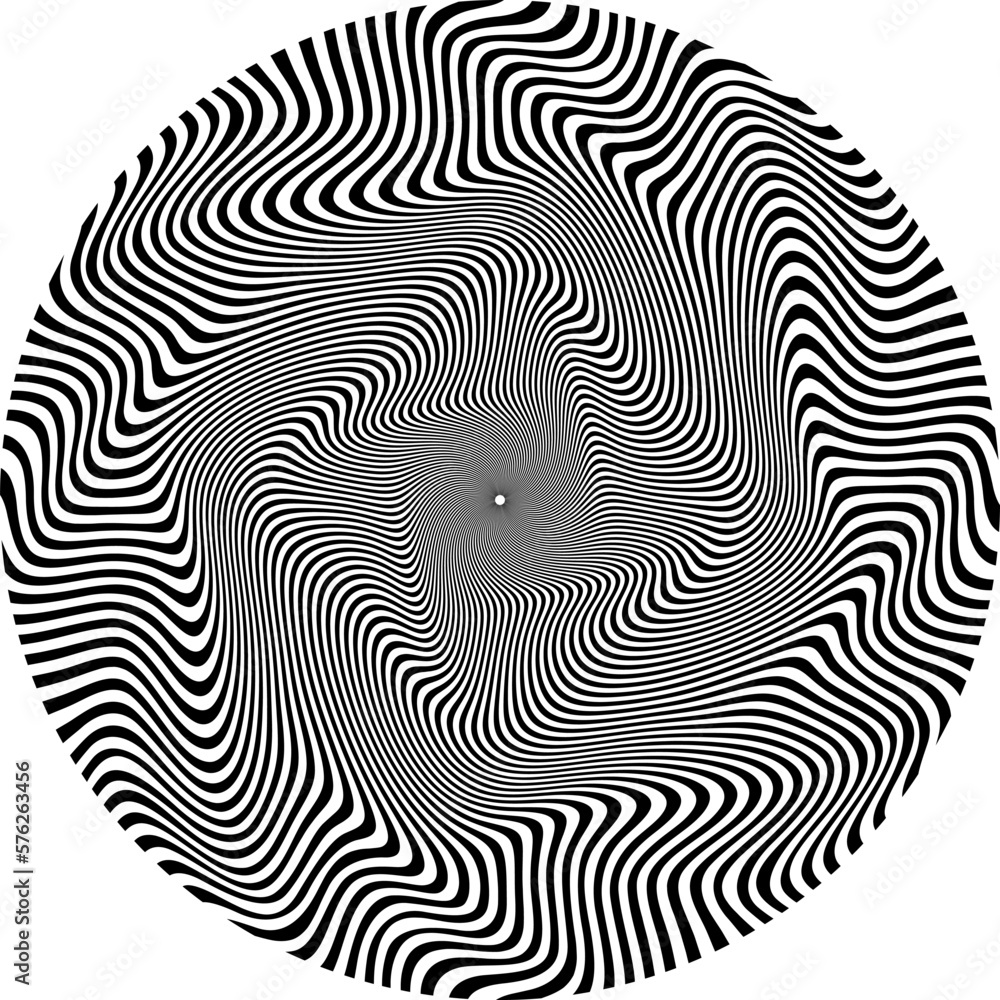 Optical art patterned circle of distorted wavy black stripes. Psychedelic circular background design.