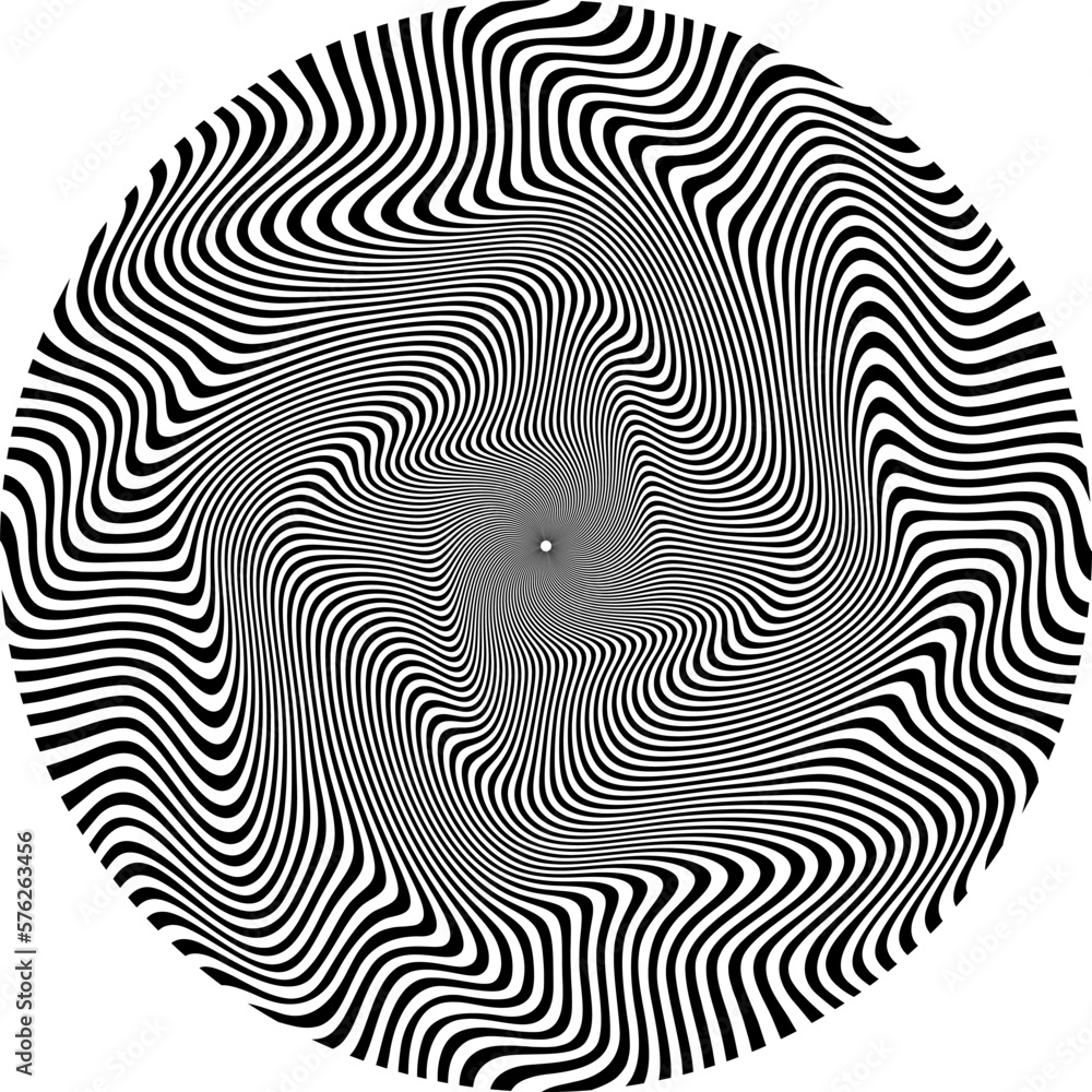 Optical art patterned circle of distorted wavy black stripes. Psychedelic circular background design. Optical art patterned circle of distorted wavy black stripes. Psychedelic circular background design.