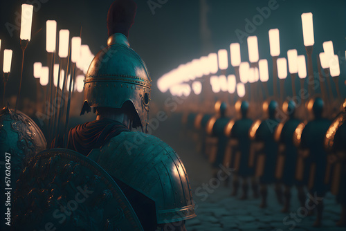 A Roman legion was a large military unit of the Roman army preparing for battle at night. Neural network AI generated art photo