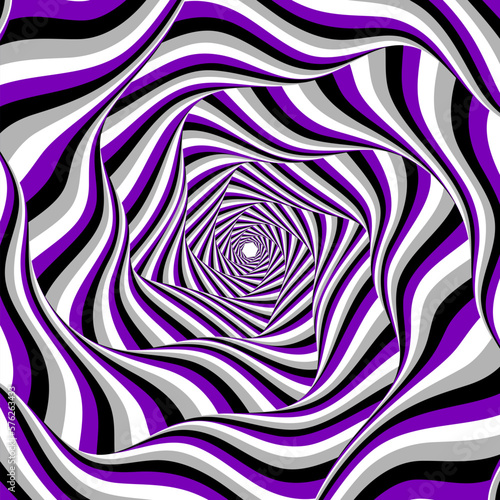 Six-sleeved wavy spiral of purple gray black and white stripes. Moving optical illusion vector background.