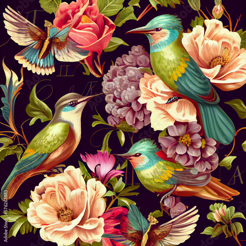 Tropical background. Exotic birds and fruits on the branches. Pomegranate tree and parrots. Colorful animals seamless pattern. Embroidery texture. Fashion design for textile, fabric and wallpaper.