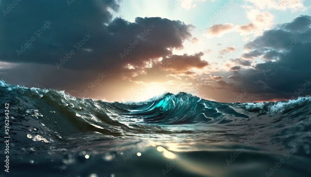 Waves against the background of clouds covering sun. Based on Generative AI Waves against the background of clouds covering sun. Based on Generative AI