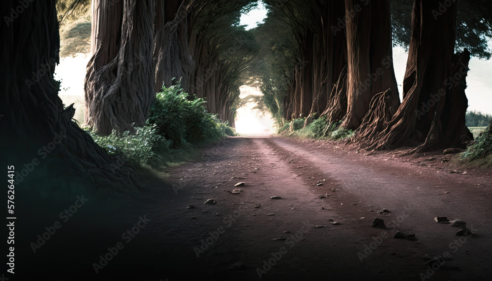 The path passes through a tunnel of trees. Generative ai illustration