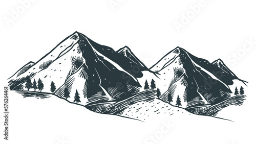 Mountain hill landscape Hand drawn vector illustration, sketch natural drawing vintage style Handdrawn rocky peaks black and white.