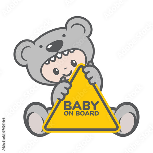 Vector sitting little baby in a teddy bear costume holding a yellow sign with the text BABY ON BOARD. Cute child. isolated on white background.