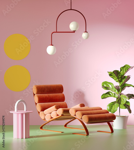 3d rendering of an 80s vibrant interior in Memphis design style with red, yellow mint and pink colours, a ficus lyrata and a velvet lounge chair photo