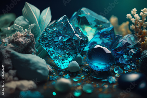 Bright and glowing fantastic blue stone and minerals close-up photography