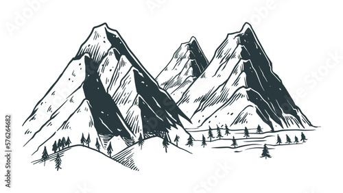 Mountain landscape Hand drawn vector illustration  sketch natural drawing vintage style Handdrawn rocky peaks black and white.