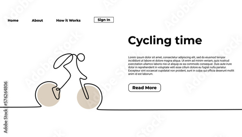 Cycling time one line drawing landing page template. Continuous hand drawn minimalist people ride a bike, minimalism vector illustration, sport theme design.
