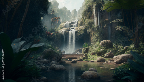 The Enchanted Jungle: A Breathtaking View of a Tropical Waterfall at the Front of a Lost City. Generative Ai