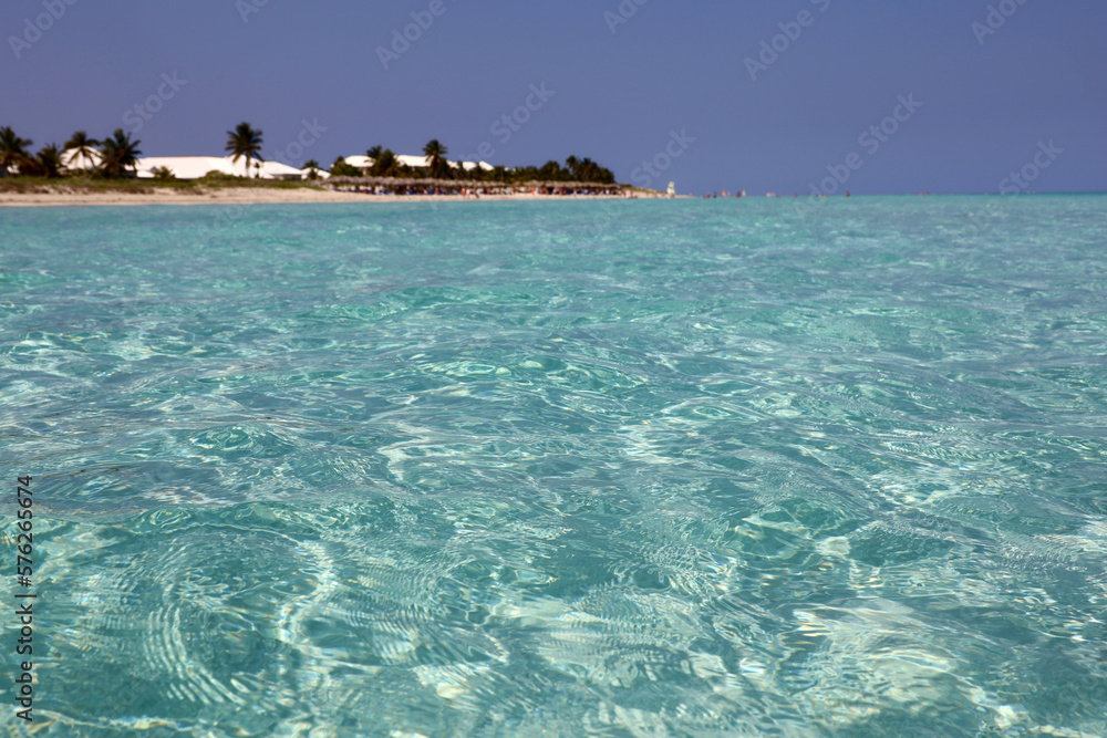 Defocused view from the water surface to tropical beach and coconut palm trees. Sea resort on Caribbean island with transparent water