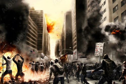 Concept art of riots Streets on fire, silhouettes of angry people protesting in a revolution. Neural network AI generated art photo
