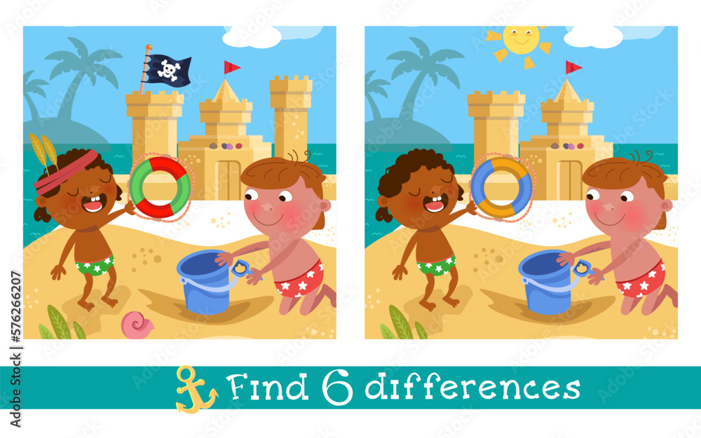 Find 6 hidden differences. Educational puzzle game for children. Cute boy and girl on beach. Cartoon character and sand castle. Vector illustration. Find 6 hidden differences. Educational puzzle game for children. Cute boy and girl on beach. Cartoon character and sand castle. Vector illustration.