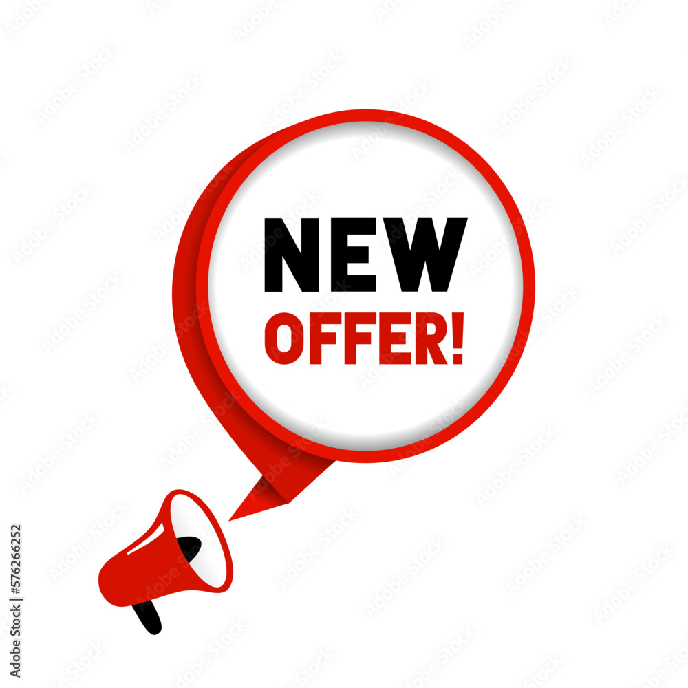 Modern red vector illustration banner new offer. Speech bubble with megaphone icon. Flat design. Modern red vector illustration banner new offer. Speech bubble with megaphone icon. Flat design.