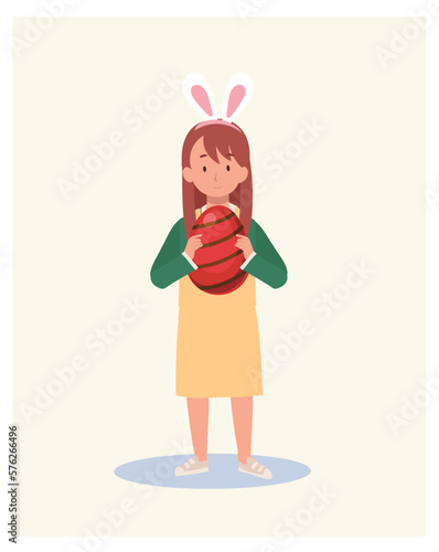 Happy Easter Day. Little girl with bunny ears is holding a big Easter egg. Flat style vector illustration.