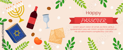 Vector Passover greeting card template banner. Pesach poster with matzo, wine bottle, candles, book, spring flowers on pink background. Jewish holiday horizontal invitation, flyer, brochure for event.