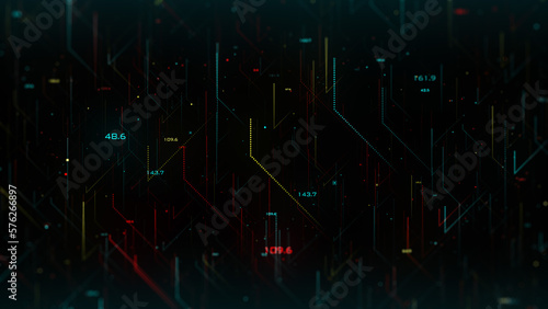 Abstract Digital technology Blue Red Yellow Shiny Vertical Slanted Dotted Lines And Digital Numbers Hi-tech Black Background