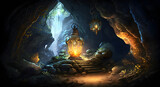 the grand cave treasure inside, treasure chest is opening with golden shining lighting reflection inside, it placed at the deep of the cave in dark environment