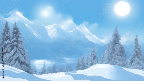 Mountain landscape in winter. Illustration. Generated by AI